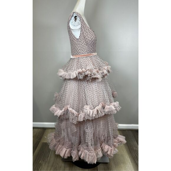 NWT MAC DUGGAL Pink Sleeveless Dot Net Ruffle Dress Size US 8 $698 - Picture 10 of 12